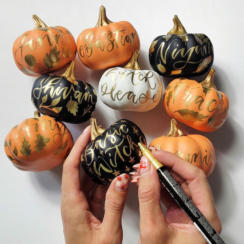 Pu&ograve; includere: Una collezione di piccole zucche decorative arancioni, nere e bianche, ciascuna con steli metallici dorati e calligrafia scritta a mano. Alcune zucche riportano nomi come Finn, Sebastian, Niyam, Shivam e Tracey, mentre altre dicono Witch Please e Basic Witch.