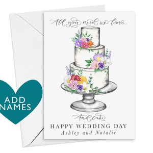 Cartão de casamento engraçado | Tudo o que você precisa é amor… e bolo | cartão personalizado com nomes