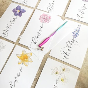May include: A collection of white rectangular place cards featuring hand-lettered names in black ink paired with watercolor floral illustrations. A metallic pink and blue oblique calligraphy pen holder with a metal nib rests on the cards.