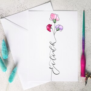 Personalisierte April Geburt Monat Blume Geburtstagskarte | Sweetpea mit Name in Hand beschriftet Kalligraphie hinzugefügt