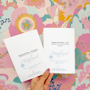 May include: Two white rectangular cards featuring black text and a blue logo. The left card reads September birth flower - Morning glory. The right card reads September birth flower - Aster. Both include The Amyverse branding and recycled paper info.