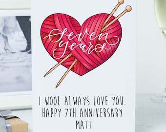 Carte du 7e anniversaire - Je t'aime toujours en laine - Joyeux 7e anniversaire - Carte d'anniversaire personnalisée