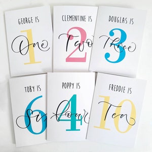 Tarjeta de cumpleaños personalizada con nombre: 1.º, 2.º, 3.º, 4.º, 5.º, 6.º, 7.º, 8.º, 9.º, 10.º cumpleaños para cualquier edad.