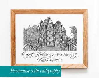 Personalised Royal Holloway university print - founders building illustration with calligraphy -Royal Holloway graduation gift class of 2024