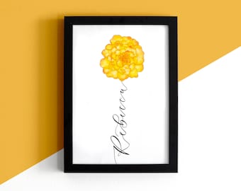October birth flower print - Marigold illustration personalised with calligraphy
