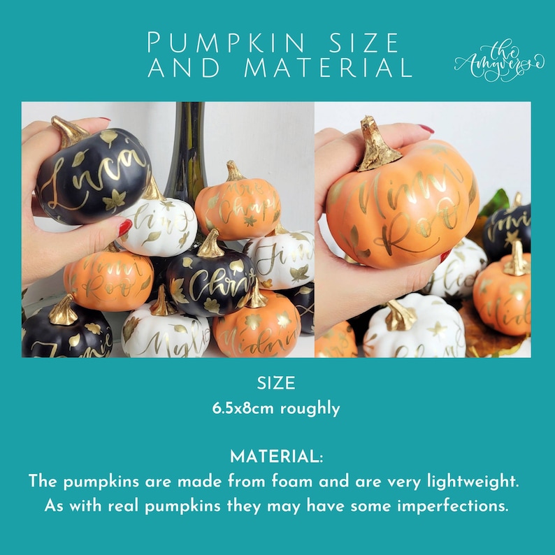 Pu&ograve; includere: Una collezione di piccole zucche in schiuma nere, bianche e arancioni, ciascuna con steli dipinti in oro e nomi in calligrafia dorata. Il testo PUMPKIN SIZE AND MATERIAL, SIZE 6.5x8cm roughly e MATERIAL: The pumpkins are made from foam &egrave; visibile.