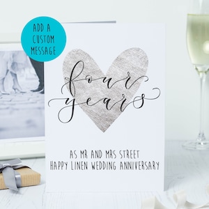 Tarjeta personalizada del 4º aniversario - tarjeta de aniversario de boda de lino / regalo de aniversario de lino