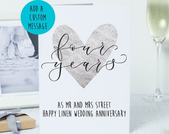 Personalised 4th anniversary card - linen wedding anniversary card | linen anniversary gift