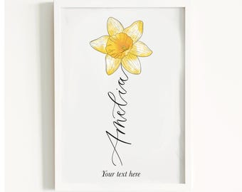 Impresión de narciso personalizada: caligrafía hecha a mano, impresión de flores del mes de nacimiento de marzo - Impresión de nombre de narciso