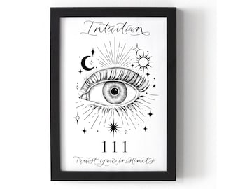 Könnte beinhalten: Schwarz gerahmter Kunstdruck mit einer detaillierten Augenillustration und himmlischen Elementen. Der Druck enthält das Wort "Intuition", die Zahl "111" und den Satz "Trust your instincts" in dekorativer Schrift.