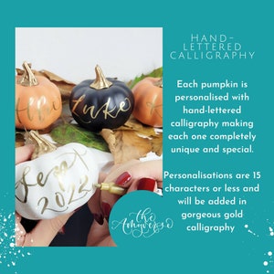 Pu&ograve; includere: Piccole zucche decorative arancioni, nere e bianche con steli color oro metallizzato. Ogni zucca presenta una calligrafia dorata fatta a mano. Il testo recita: HAND-LETTERED CALLIGRAPHY, Each pumpkin is personalised with hand-lettered calligraphy making each one completely unique and special. Personalisations are 15 characters or less and will be added in gorgeous gold calligraphy.
