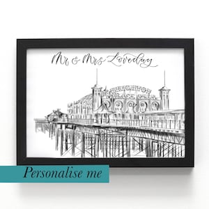 Brighton pier print - Option to personalise with hand-lettered calligraphy  - Brighton illustration