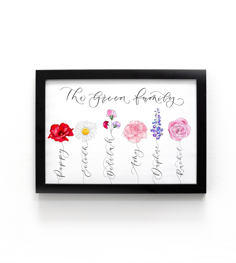 Personalised Family flower print | Family birth flowers print Stem with names created with hand-lettered calligraphy - mothers day gift image 1