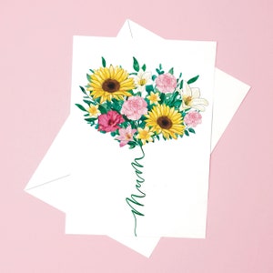 Tarjeta del día de la madre: ramo de flores con tallo de caligrafía / tarjeta floral para mamá