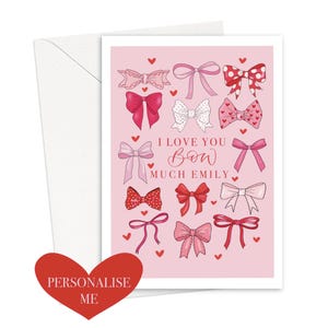 Gepersonaliseerde jubileumkaart - rode en roze strikkaart - I love you-strikje