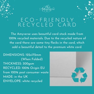 May include: A white greeting card with tiny flecks, featuring text stating it is eco-friendly and made from 100% recycled materials. The card measures 122x172mm when folded, has a 300gsm thickness, and includes a white recycled envelope.
