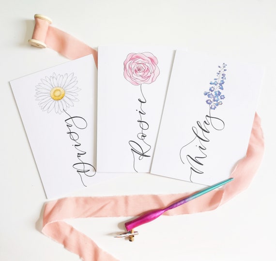 Birth flower card - personalised birthday card with name as flower added in hand lettered calligraphy - birth month flower card