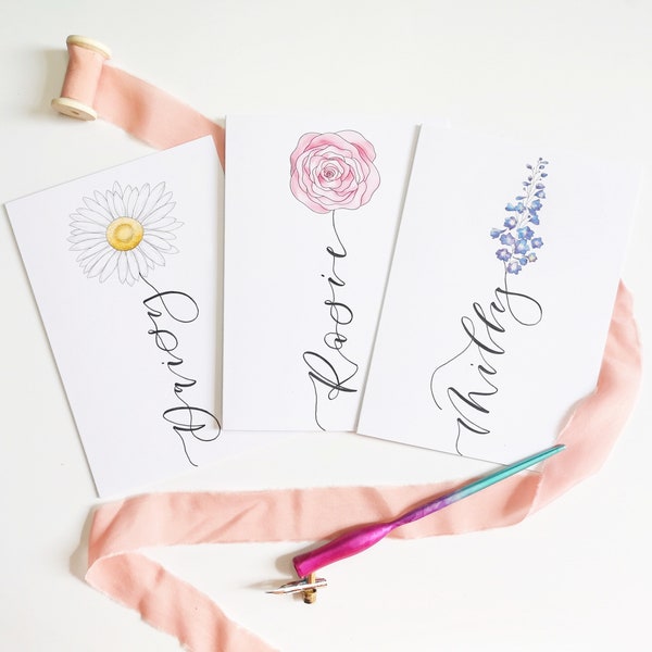 Geburtsblumenkarte – personalisierte Geburtstagskarte mit Namen als Blume in handgeschriebener Kalligraphie – Blumenkarte für den Geburtsmonat