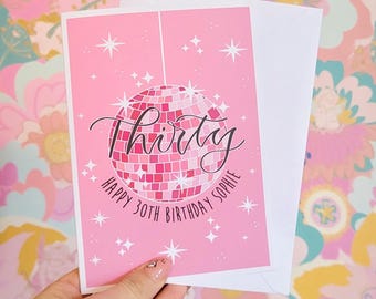 Tarjeta de cumpleaños número 30 personalizada: Bola de discoteca, tarjeta reciclada.