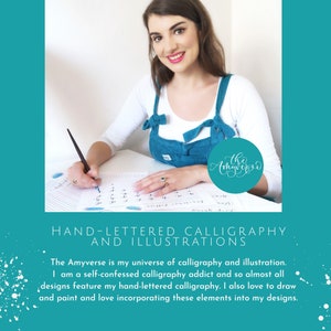 May include: A white long-sleeved shirt worn under a teal blue pinafore dress with bow-tie straps. The image features hand-lettered calligraphy practice sheets, a black calligraphy pen, and a teal circular logo with the text The Amyverse.