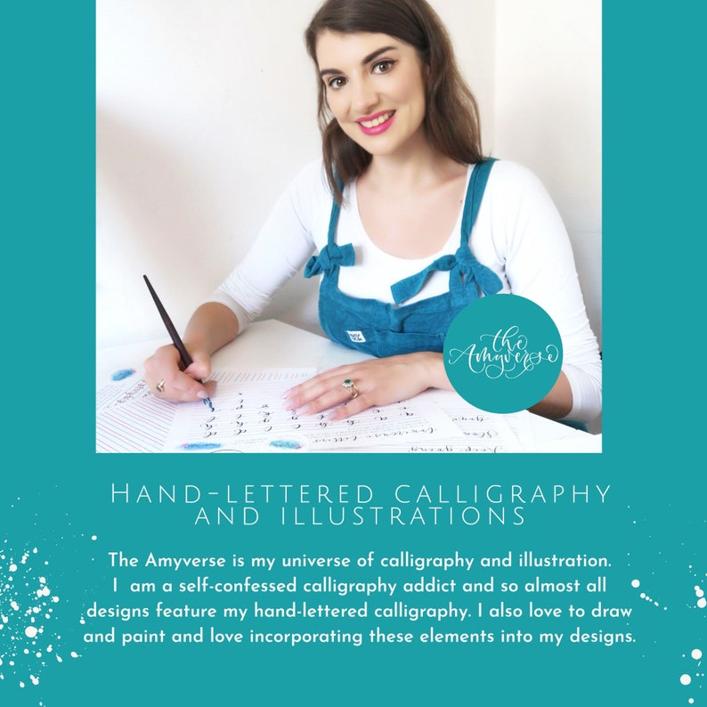 May include: A white long-sleeved shirt worn under a teal blue pinafore dress with bow-tie straps. The image features hand-lettered calligraphy practice sheets, a black calligraphy pen, and a teal circular logo with the text The Amyverse.