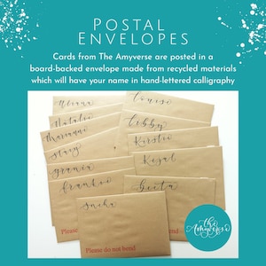 May include: A collection of light brown board-backed envelopes featuring hand-lettered calligraphy names in black ink. The text POSTAL ENVELOPES appears at the top, and the phrase Please do not bend is printed in red at the bottom of each envelope.
