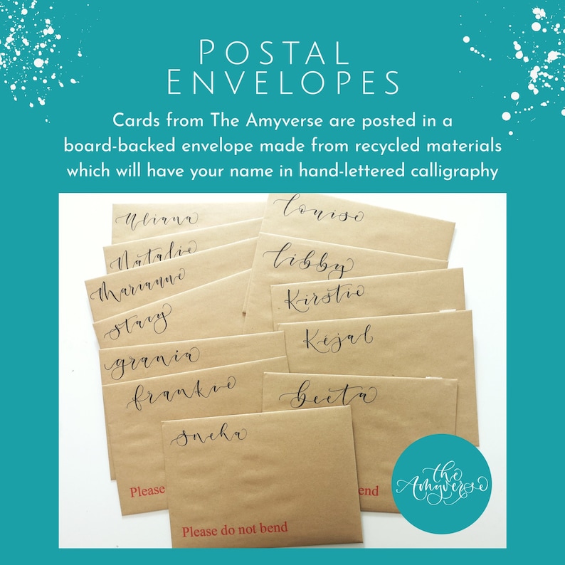 May include: A collection of light brown board-backed envelopes featuring hand-lettered calligraphy names in black ink. The text POSTAL ENVELOPES appears at the top, and the phrase Please do not bend is printed in red at the bottom of each envelope.