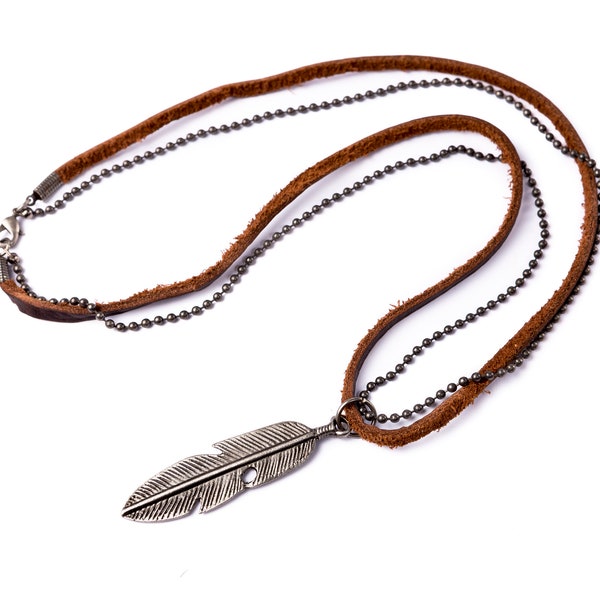 Men's Leather Feather Necklace, Metal Chain - Boho Style