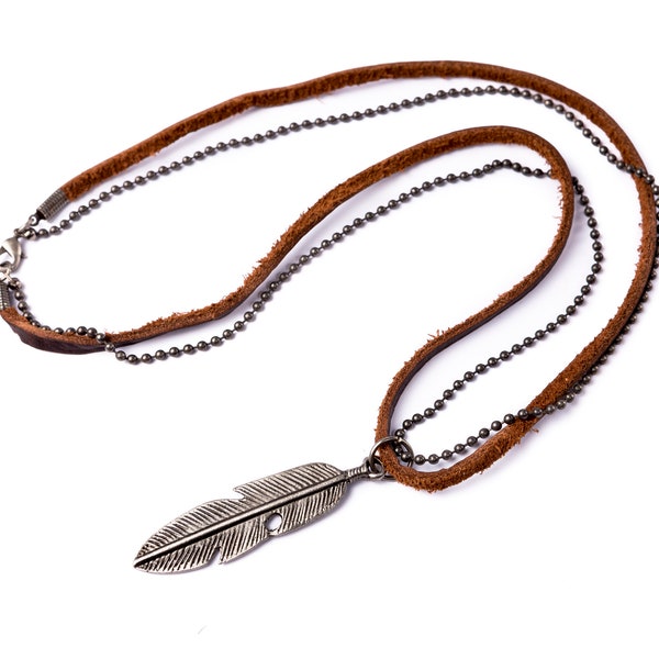 Collier en cuir // Colliers pour hommes // Collier Boho // Collier en cuir pour hommes // Collier en plumes // Colliers pour homme // Pendentif en plumes