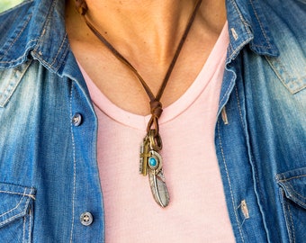 Boho Necklace For Men // Feather Pendant Necklace // Men Leather Necklace // Men Necklace // Feather Necklace // Men Tribal Necklace