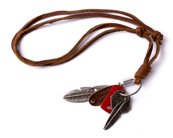 Boho Necklace // Leather Necklace // Feather Necklace //  Man Leather Necklace // Guys Necklace // Necklace For Man