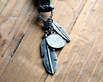 Leather Necklace For Men // Men Leather Necklace // Bohemian Necklace // Black Leather Necklace // Men's Pendant Necklace / Feather Necklace