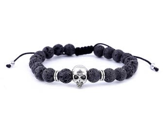 Lava Bracelet with Skull Charm // Adjustable Lava Beads Bracelet made with black lava stones