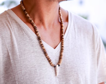Mens Necklace Bohemian Jewelry / Natural Wood Bead Necklace / Mala Necklace / Boyfriend Gift / Tooth Necklace Tribal Necklace for Men