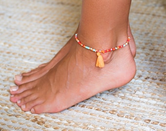 Stretch Anklet //  Minimal Beaded Anklet With Tassel // Beach Anklet // Anklet For Girls // Ankle Bracelet For Girls