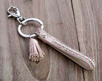 Leather Fob // Pink Keychain // Womens Keychain // Leather Key Chain // Leather Keychain // Tassel Keychain // Leather Keyring