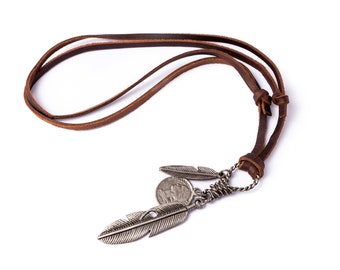 Boho Necklace For Men // Leather Necklace // Feather Necklace //  Man Leather Necklace // Guys Necklace // Feather Pendant Necklace