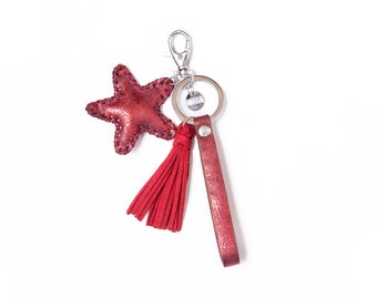 Keychain for woman // Red Star Key Holder // Red Key Fob // Red Keychain // Red Bag Charm // Leather Keyring // Red Key Chain // Red Keyring