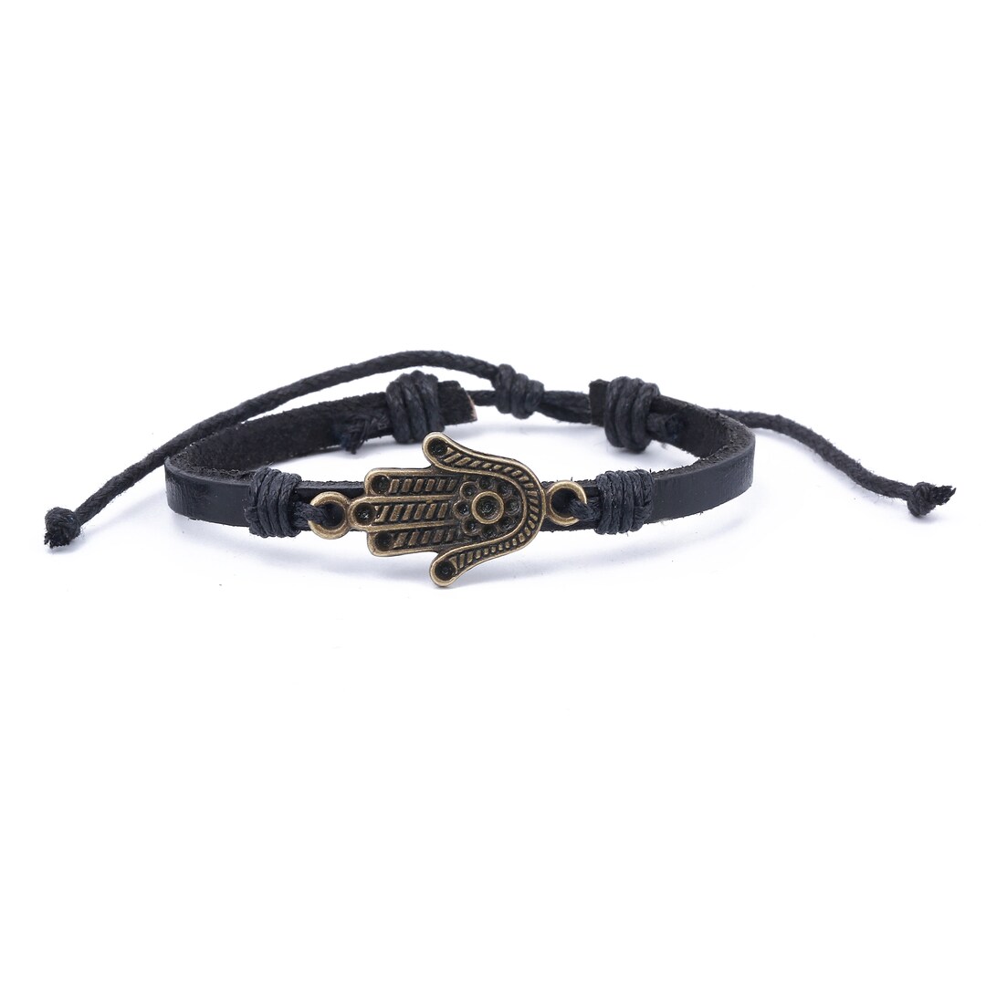 Hamsa Hand Bracelet / Hand of Fatima / Black Leather / Bracelet Men