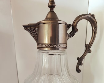 Pichet En Verre Ancien Avec Couvercle En Étain – Décor Rétro