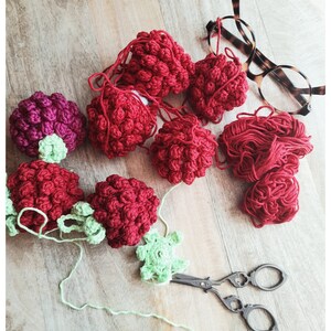 Può includere: Una collezione di bacche rosse e viola all'uncinetto con foglie verdi, insieme a un gomitolo di filo rosso e un paio di forbici antiche.