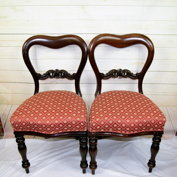 Pair 2 x Handsome Antique Victorian, Balloon Back, Mahogany, Upholstered, Hall Side or Bedroom Chairs