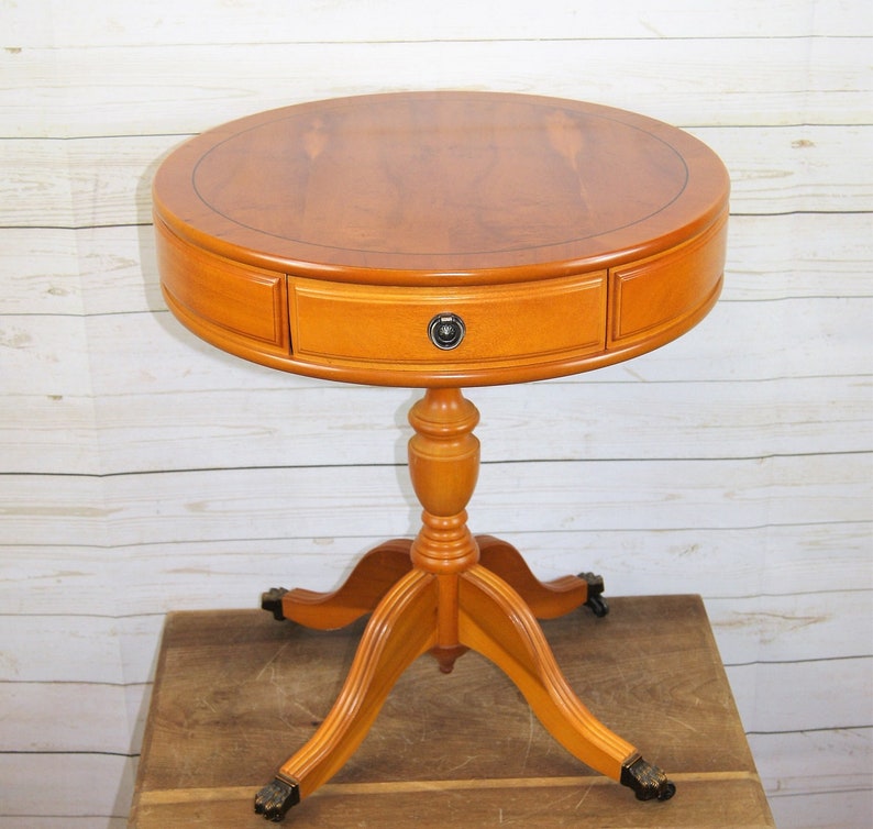Antique Reproduction Round Yew Revolving Drum Occasional Side Table Plant Stand