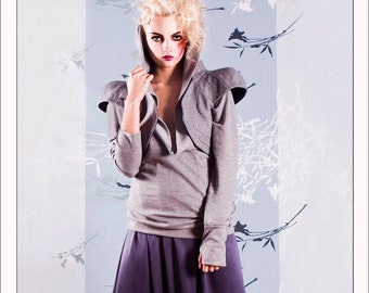 sexy hoodie - cuff with a thumb hole - gray hood - deep v neck - plunging neckline - heather grey - grey melange