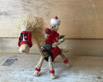 Santa Claus Figure Vintage Santa On Rope Reindeer Kitsch Chenille Santa Riding Reindeer