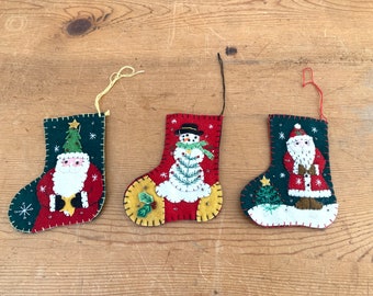 Christmas Stocking Ornaments Vintage Set of 3 Santa Snowmen Tiny Stocking Ornaments Hand Made Felt Ornaments Excellent