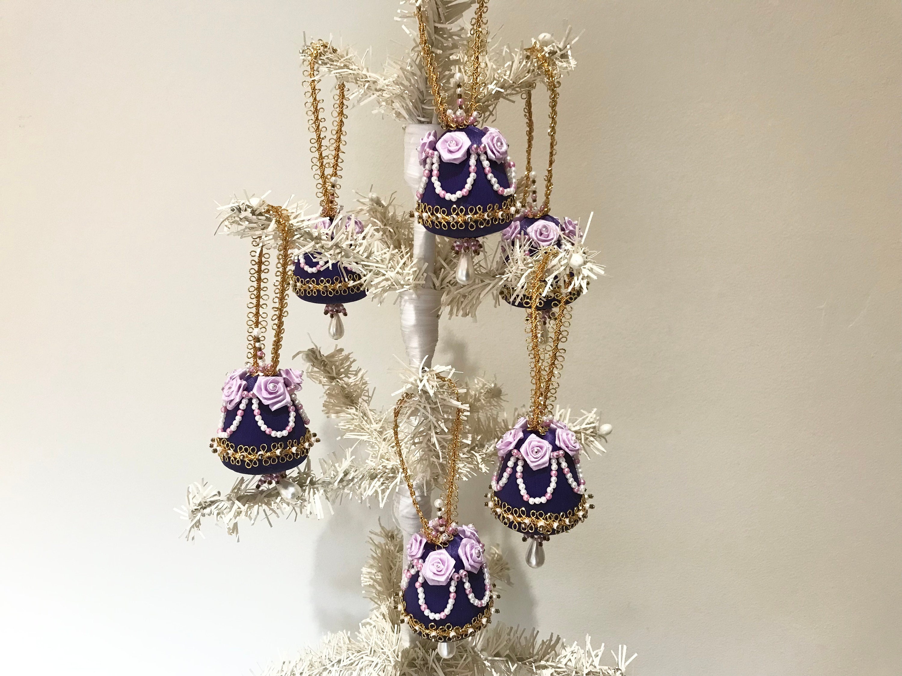 Beaded Sequins Ornaments Vintage Purple Gold Christmas Ornaments 2” Set of 6