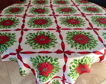 Vintage Poinsettia Tablecloth Holiday Tablecloth Christmas Poinsettia Tablecloth Medium Rectangle Poinsettias and Bows 50”by 64” Excellent