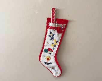 Vintage Christmas Stocking Felt Sequins Hand Stitched 1950s