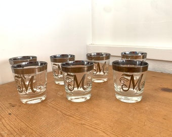 Dorothy Thorpe Glassware Vintage Monogram M Silver Rim Glasses Mad Men Low Balls Set of 7